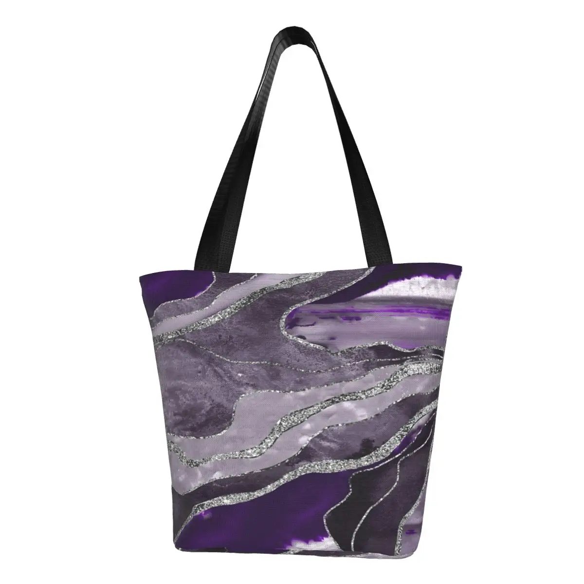 Dark Violet Marble Agate Silver Glam Casual Shoulder Tote Shopping Bag Portable Zip Pocket Bag For Fitness Birthday Gift