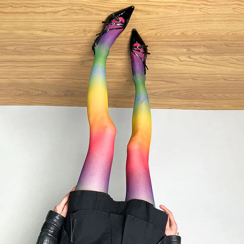 Women's Rainbow Gradient Sheer Tights High Waist Stretch Pantyhose Colorful Y2K Stockings for Music Festival Party Club Outfit