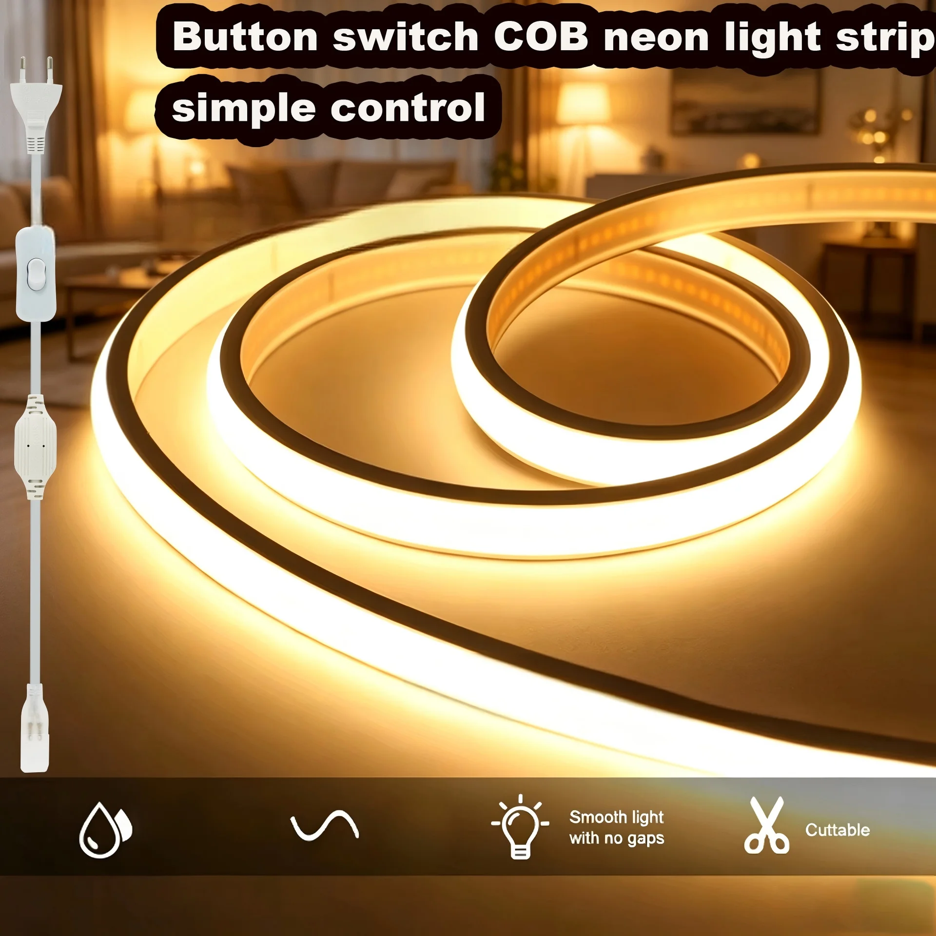 Ip65 Protection Rating, 3m / 5m / 10m / 15m / 20m / 30m Cob Led Strip, 220V Voltage Plug-In Version, Flexible Warm White/Cool White/Neon Light Strip, Silicone Led Neon Strip, Suitable for Indoor and Outdoor Corridors,