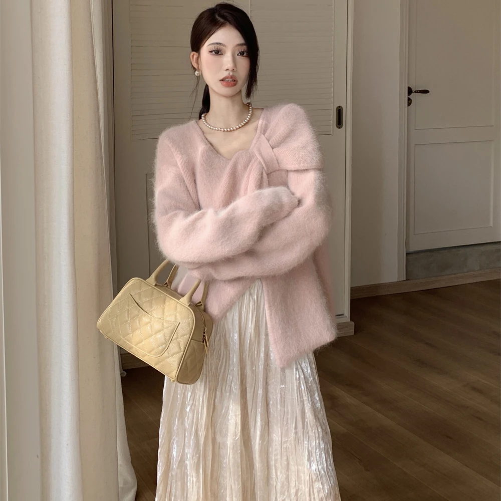 

Big Bow Pink Cashmere Sweater Full Sleeve Pullovers Split Hem Irregular Knitted Jumpers 2024