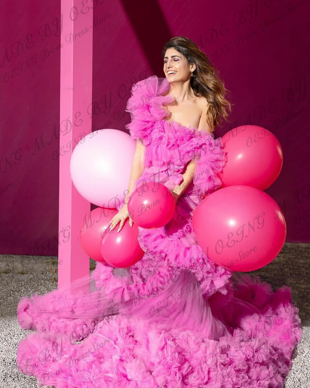 OEING Princess Hot Pink Tulle Prom Dresses Elegant Long Tiered Garden Ruffles Cocktail Party Evening Gowns For Photo Shoot