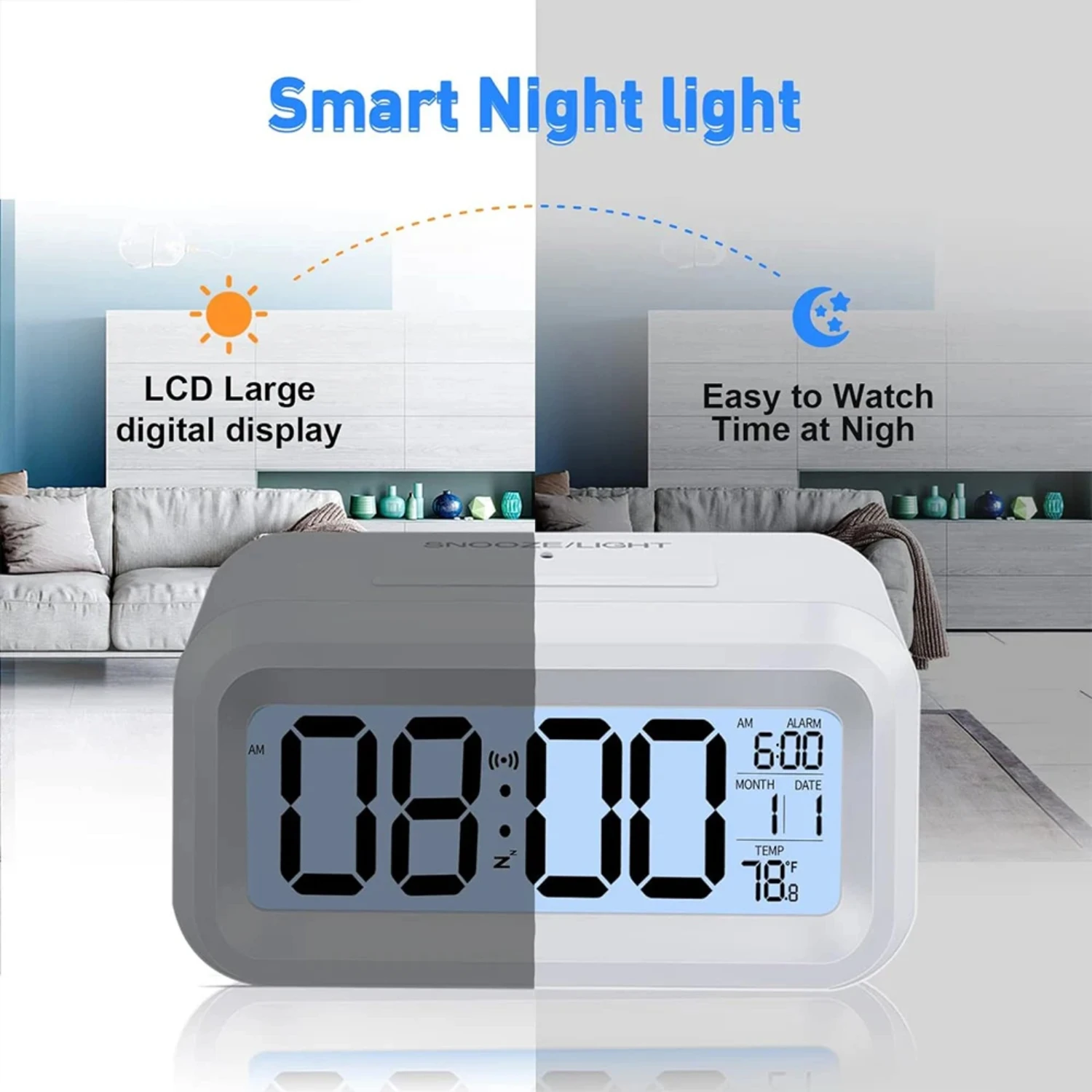 Battery Operated Digital Alarm Clock with Indoor Light Sensor, Backlight, Temperature Display for Bedrooms, Office Desk - 12/24H