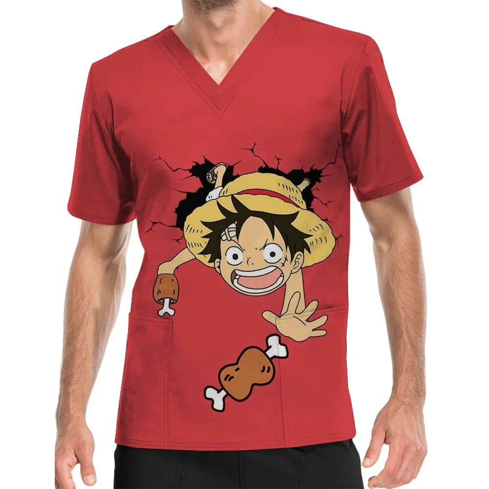 One Piece Luffy Print Men's Dental Veterinary Friendly Work Uniforms V-Neck Print Scrub Top Short-sleeved Tops Work Clothes