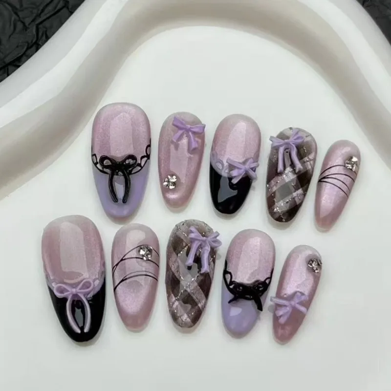 

10pcs Purple Cat's Eye Handmade Fake Nails Tips Glitter Mid-length Oval Press on Nails Art Bow Rhinestone Design False Nail 2030