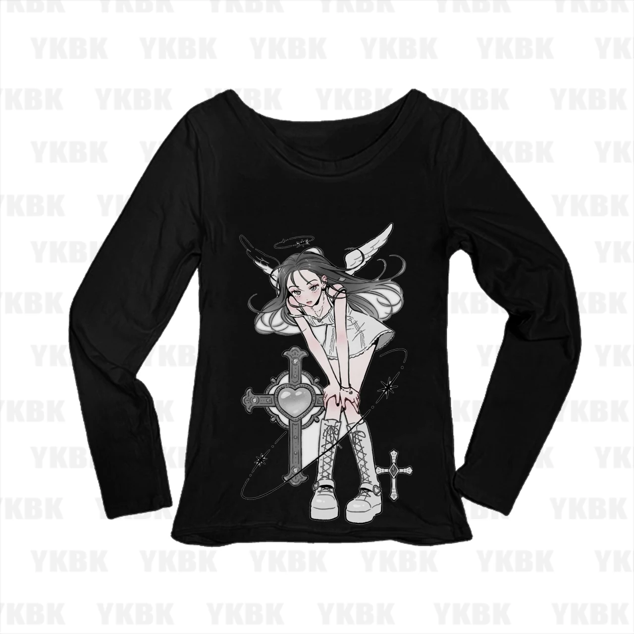 Y2K Gothic Women Long Sleeve T‑shirt Fallen Angel Cross Anime Graphic Alt Slim Streetwear Tops