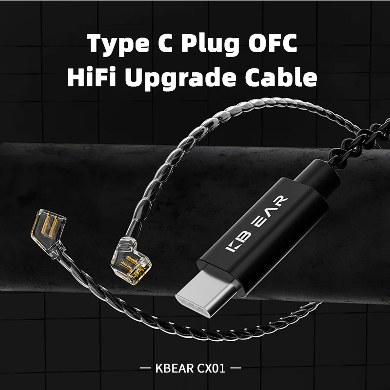 KBEAR CX01 Type-C OFC HiFi Upgrade Cable Durable 4 Strands 24 Cores 1.5M Classic Black IEM Earphone Wire Microphone Optional