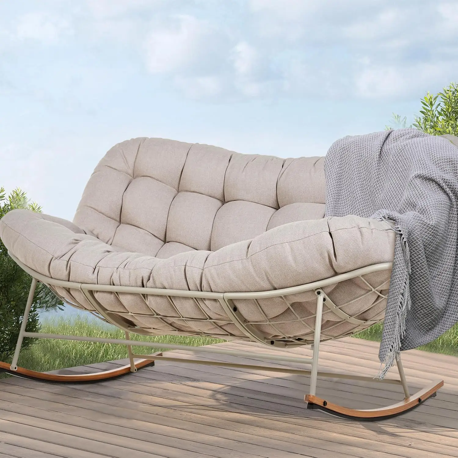 Double Papasan Rocking Chair, Oversized Papasan Loveseat, Beige