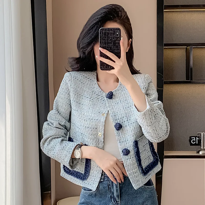 

Синяя женская куртка из грубого твида с круглым вырезом, новинка весны и осени 2025 года, небольшой топ в стиле аромата