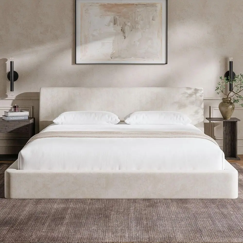 

Ergonomic Angled Foam Cushioned King Size Bed with Minimalist Platform Design, No Box Spring Needed, Easy Assembly, Beige Chenil