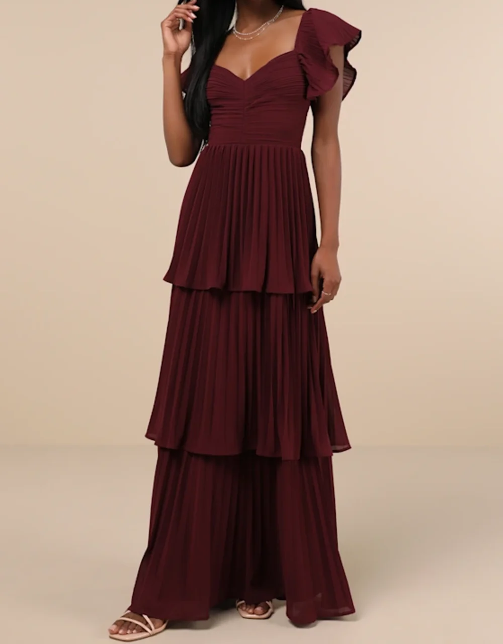 

Horseshoe Collar Ruffled Sleeves Bridesmaid Tiered Dress Clasp Open Evening Ball Dress Party Dress