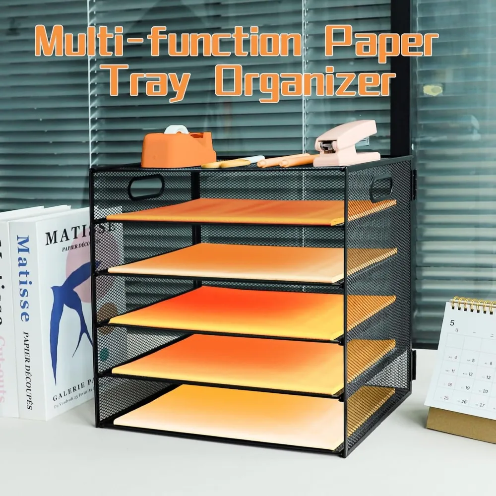 صينية حروف ورقية مكونة من 5 طبقات مع مقبض، منظم ملفات مكتب شبكي معدني مع صواني، صواني حفظ الملفات المكتبية الورقية مقاس A4، وثنائي المجلات