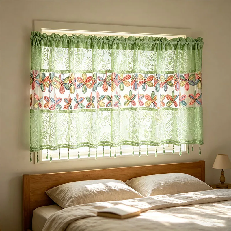 1pc Cottage Light‑Green Fern Lace Spliced Short Curtain, Colorful 3D Fabric Applique Mesh with Sequin & Green Bead Tassel Trim