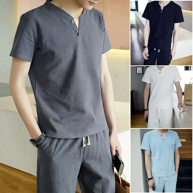 

New 2024 Men's Cotton Linen ort Sve T-irt orts Set Casual Trendy Comfortable Breathable Lightweight Easy Care