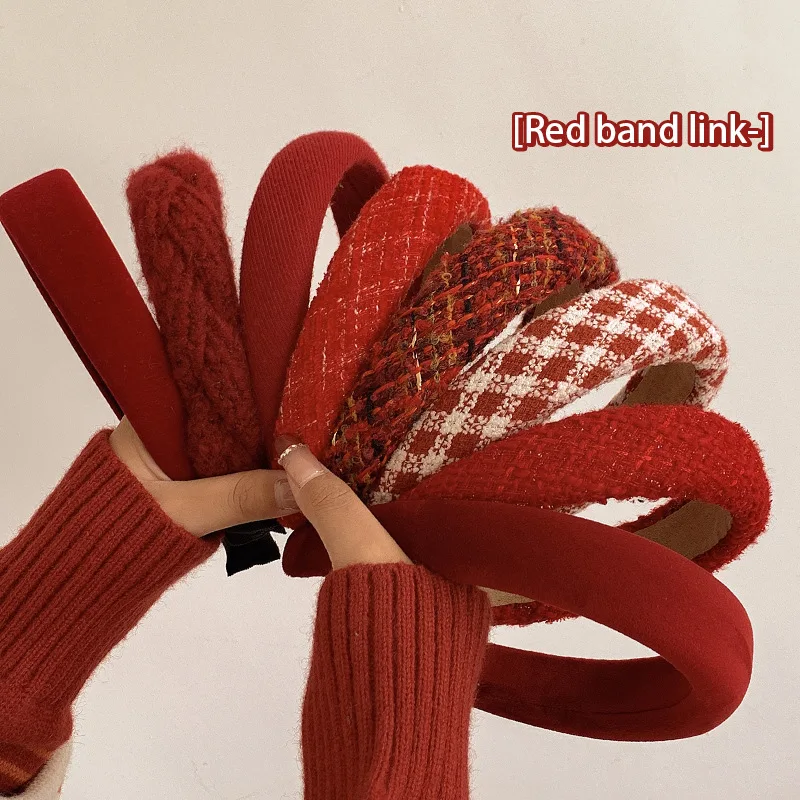 French Red Velvet Headband Women Girls Christmas Twist Plaid Tweed Hairband Vintage Swallow Gird Sponge Hair Hoop Headwear Gift