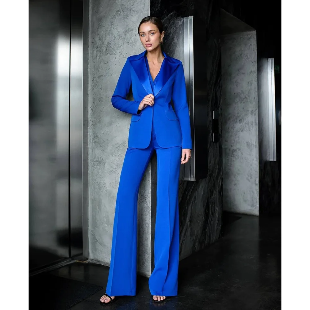 Women's Suit Blue Satin Peak Lapel One Button Clothing Smart Casual Daily Office Lady Pants Sets 3 Piece (Jacket+Vest+Pants)