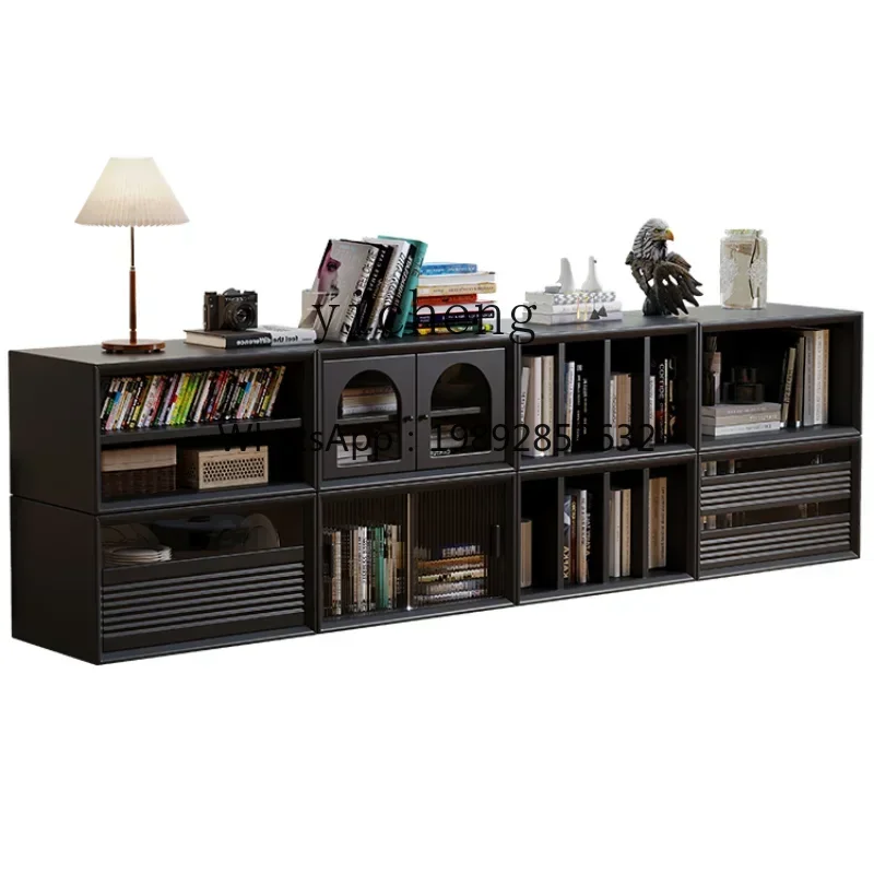 Black Vintage Solid Wood Combined Bookcase Living Room Multi-Function TV Cabinet Storage Grid Cabinet