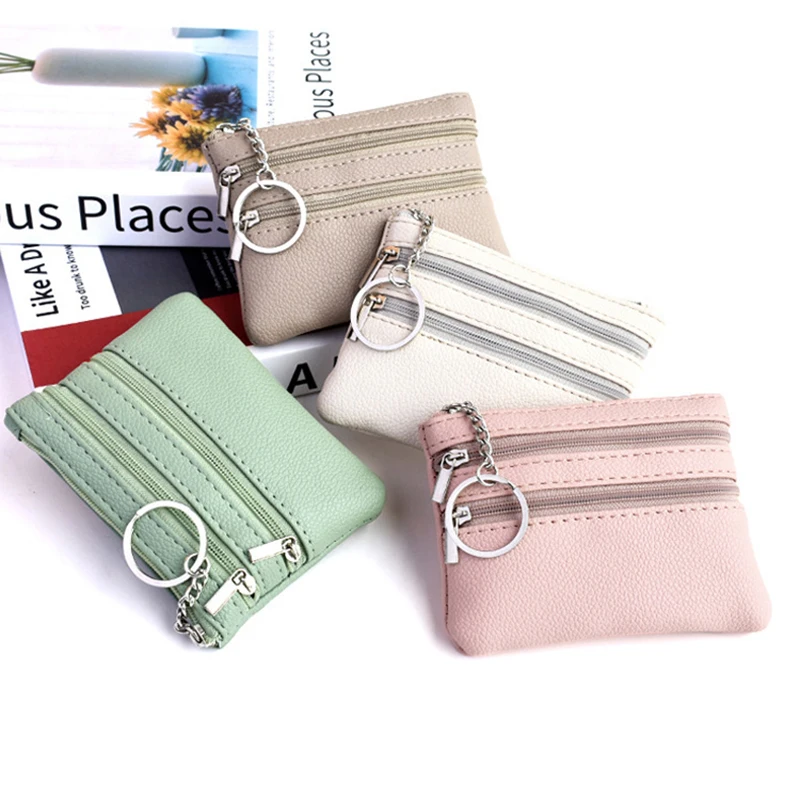 1Pc Solid Color Leather Women's Wallet 3 Zippers Coin Purse Coin Wallet Keychain Card Cash Holder Bag