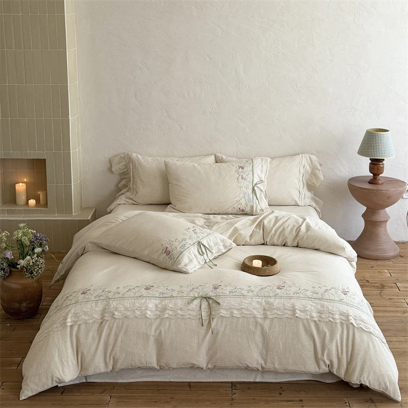 Cotton Linen Blend Bedding Set Vintage Floral Embroidery Lace Ruffle Duvet Cover Set Bed Sheet Pillowcases Soft Bed Linen 4Pcs
