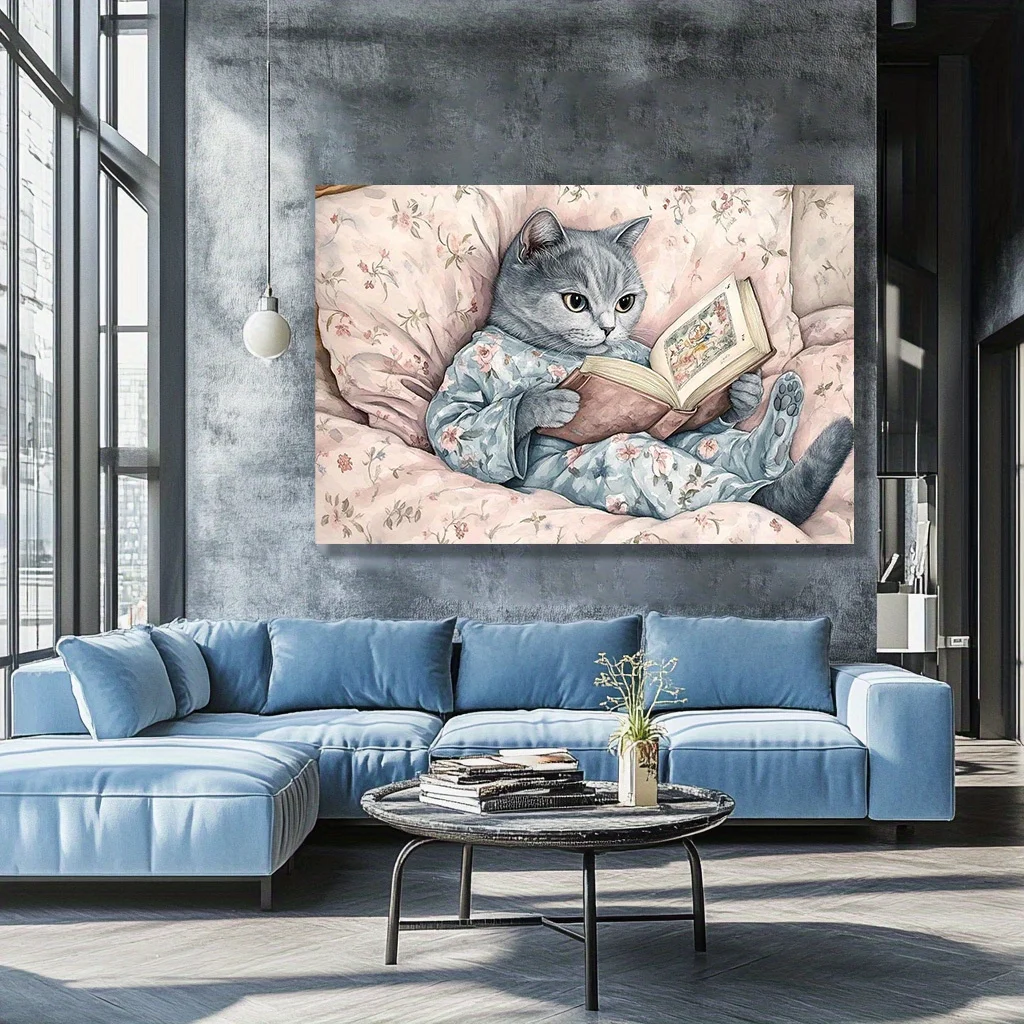 1pc Cozy Cat in Blue Floral Clothing Canvas Art - with Snowy Christmas Truck & Joyful Holiday Adventure,No Frame