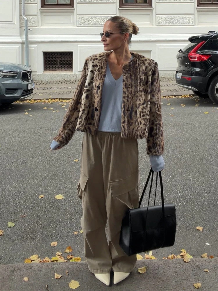Leopard Print Faux Fur Short Jacket For Women Crew Neck Button Front Plush Thick Warm Loose Trendy New Chic Streetwear Outer Top