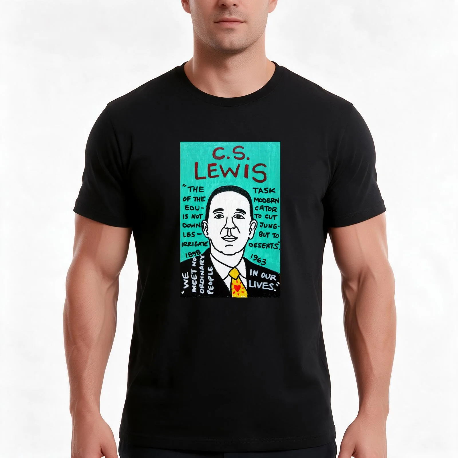 C.S. Lewis Folk Art T-Shirt, Summer Casual Cotton Tee, Oversized Streetwear Tops, Vintage Graphic Print, Loose Fit Short Sleeve
