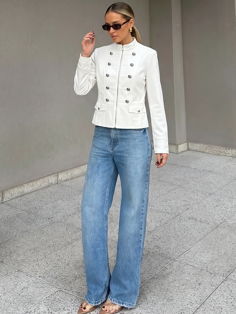 HH Elegant Women's White Double-Breasted Jacket Stand Collar Metal Buttons Long Sleeve Fashion Coat Spring Autumn Chic Outerwear