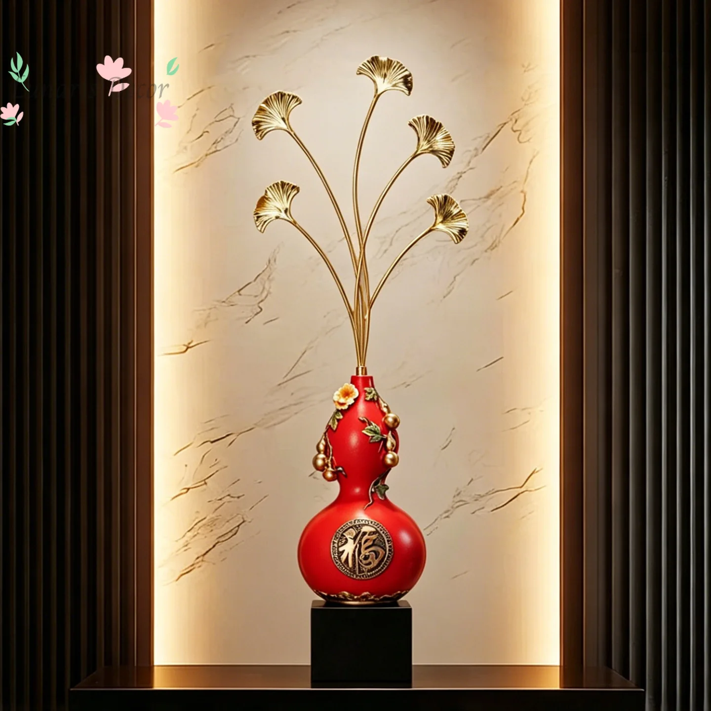Chinese Style Red Ceramic Gourd Vase with Golden Ginkgo Stems and 