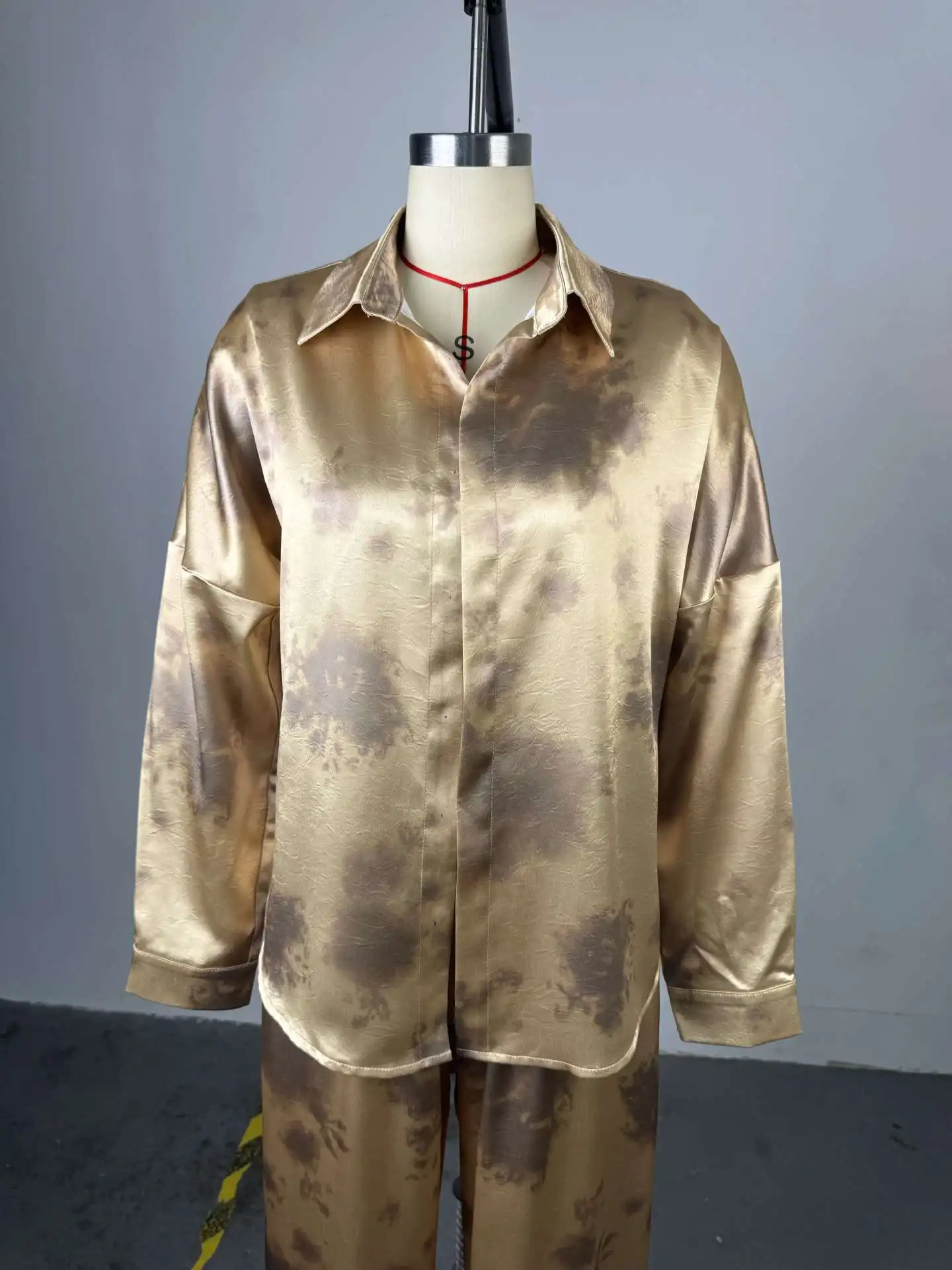 レディースパンツセット3点セット、折り返し襟長袖シャツ、ストラップレスのトップス、ワイドレッグロングパンツ、ハイウエスト、Y2Kストリートウェア