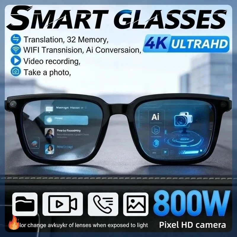 2026 New AI Smart Glasses AI Translation 8MP HD Camera 4K Shooting Image Bluetooth Call Recording Music Smart Sunglasses