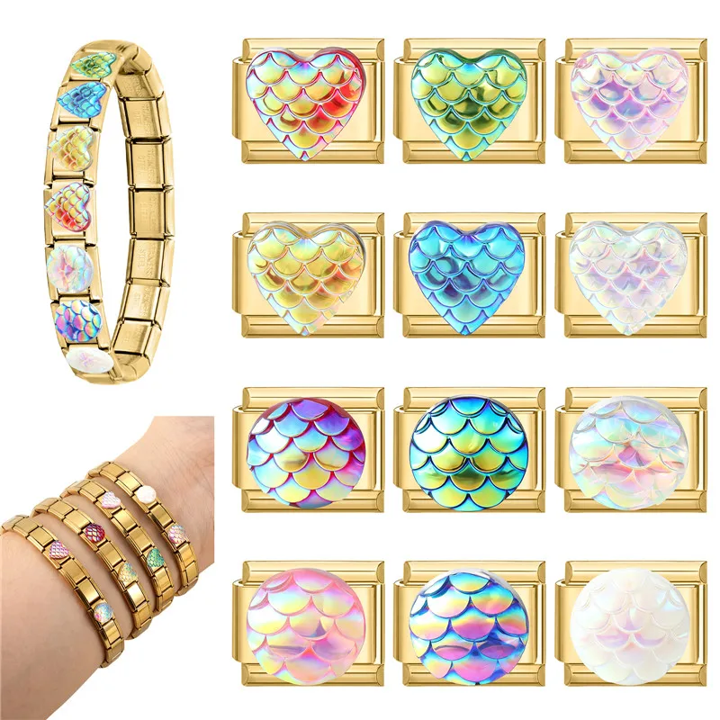 Y2K 3D Shiny Heart Round Fish Scale Element Golden Italian Charm Links Fit 9mm Stainless Steel Bracelet Jewelry DIY Making Gift