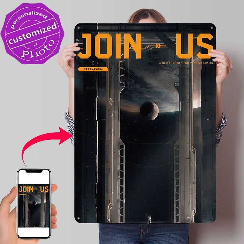 Join Us Terraform Space Frontier 3D Texture Metal Poster Customized Wall Art Tin Sign Gift for Mancave Gaming Room Decoration