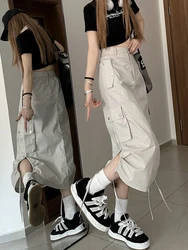 Zoki American Retro Streetwear Cargo Skirt Women Fashion Slit Hip Hop Midi Skirts Summer High Waist Drawstring Pockets Skirt New