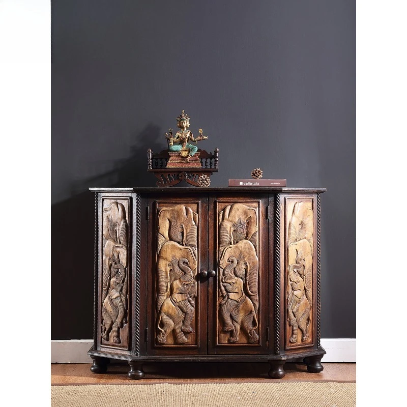 

Embossed teak cabinet Entrance cabinet South East Asia style Solid wood furniture Decorative storage cabinet