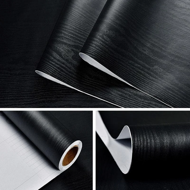 Waterproof Self-Adhesive PVC Wallpaper With Black Wood Grain Texture Suitable For Wardrobe Kitchen Furniture And Wall Decoration