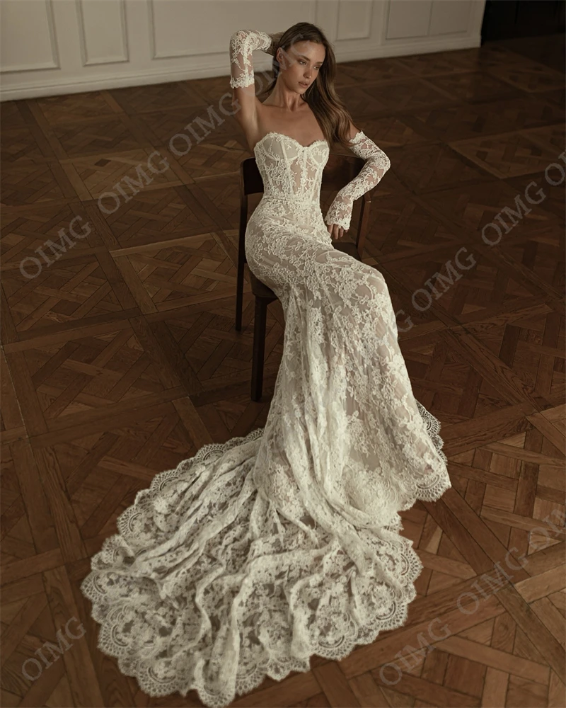 OIMG Beach Full Lace Wedding Dresses For Bride Removable Long Sleeve Slim Mermaid Wedding Gowns Princess Bridal Gowns Customized