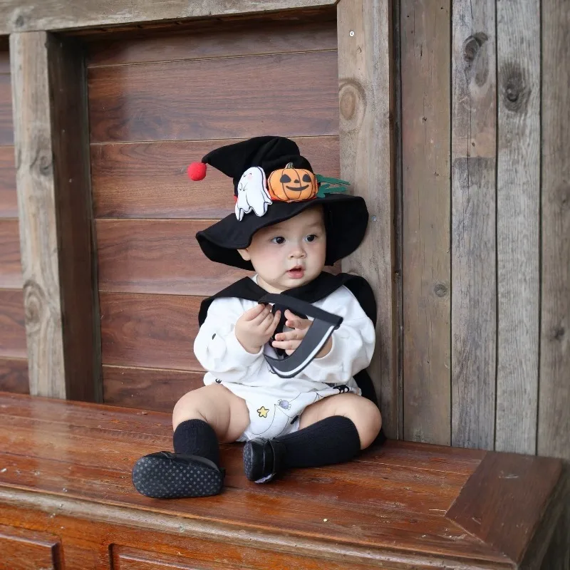 Newborn Infant Baby Boys Girls Halloween Witch Romper White Long Sleeve Bodysuit With Pumpkin Ghost Hat Cape Outfit 0 24M