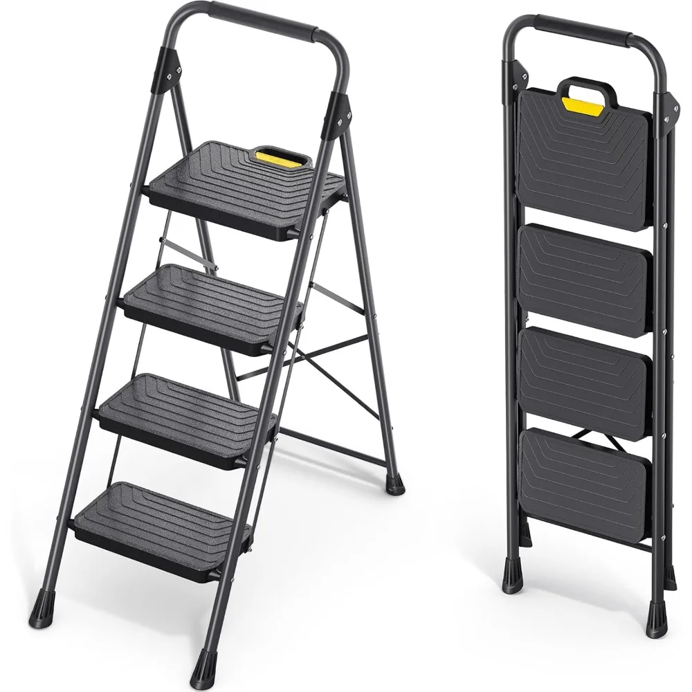 

4 Step Ladder, Sturdy Steel Step Stool with Anti-Slip Wide Pedals, Handrail, Safe-Lock Design, Pass 800lbs Load Testing, Foldin