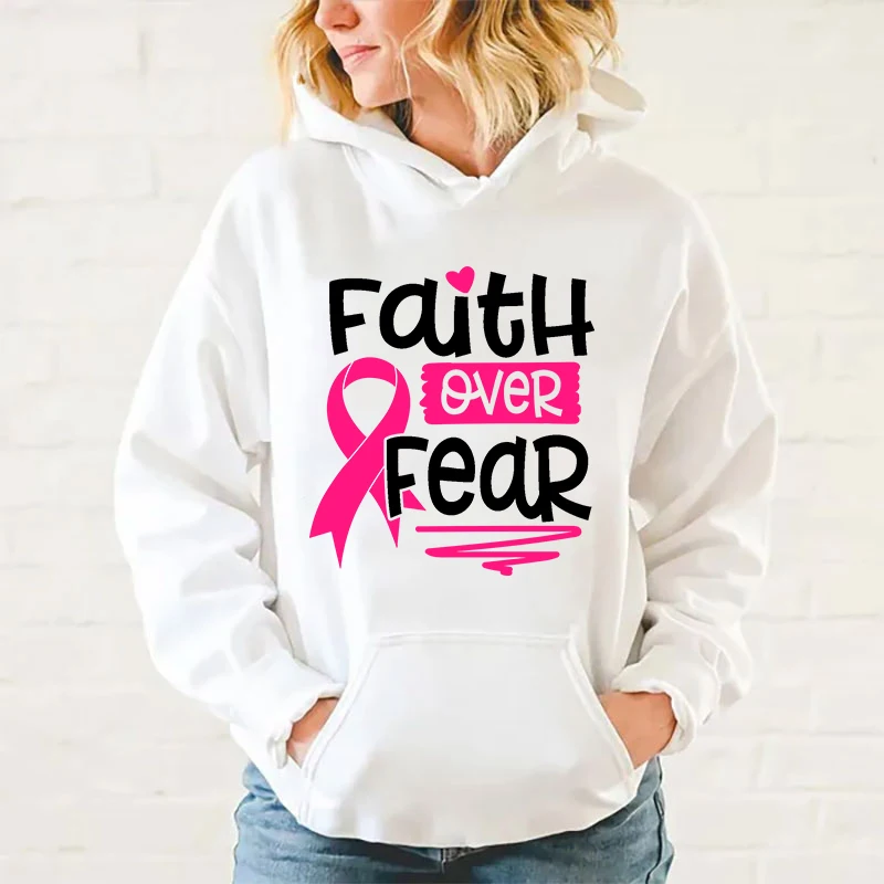 

New Women'S Fashion Hoodies Breast Cancer Awareness Faith Over Fear Printing Sweatshirt Unisex Long Sleeve Casual Pullover Tops