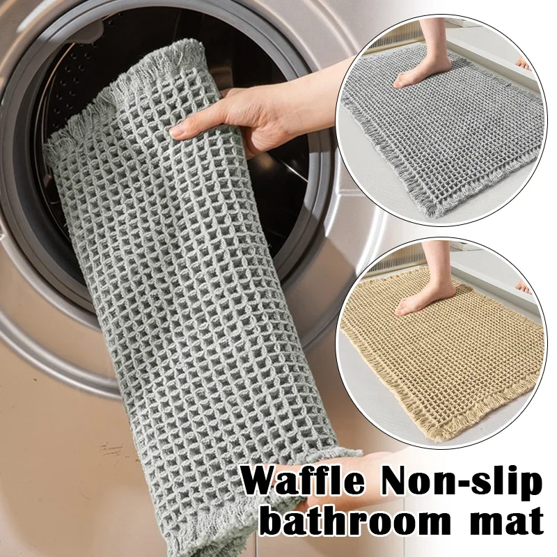 Waffle Bath Mat Super Absorbent Non-Slip Bath Mats for Bathroom Floor Machine Washable Bathroom Rugs with Tassels Soft