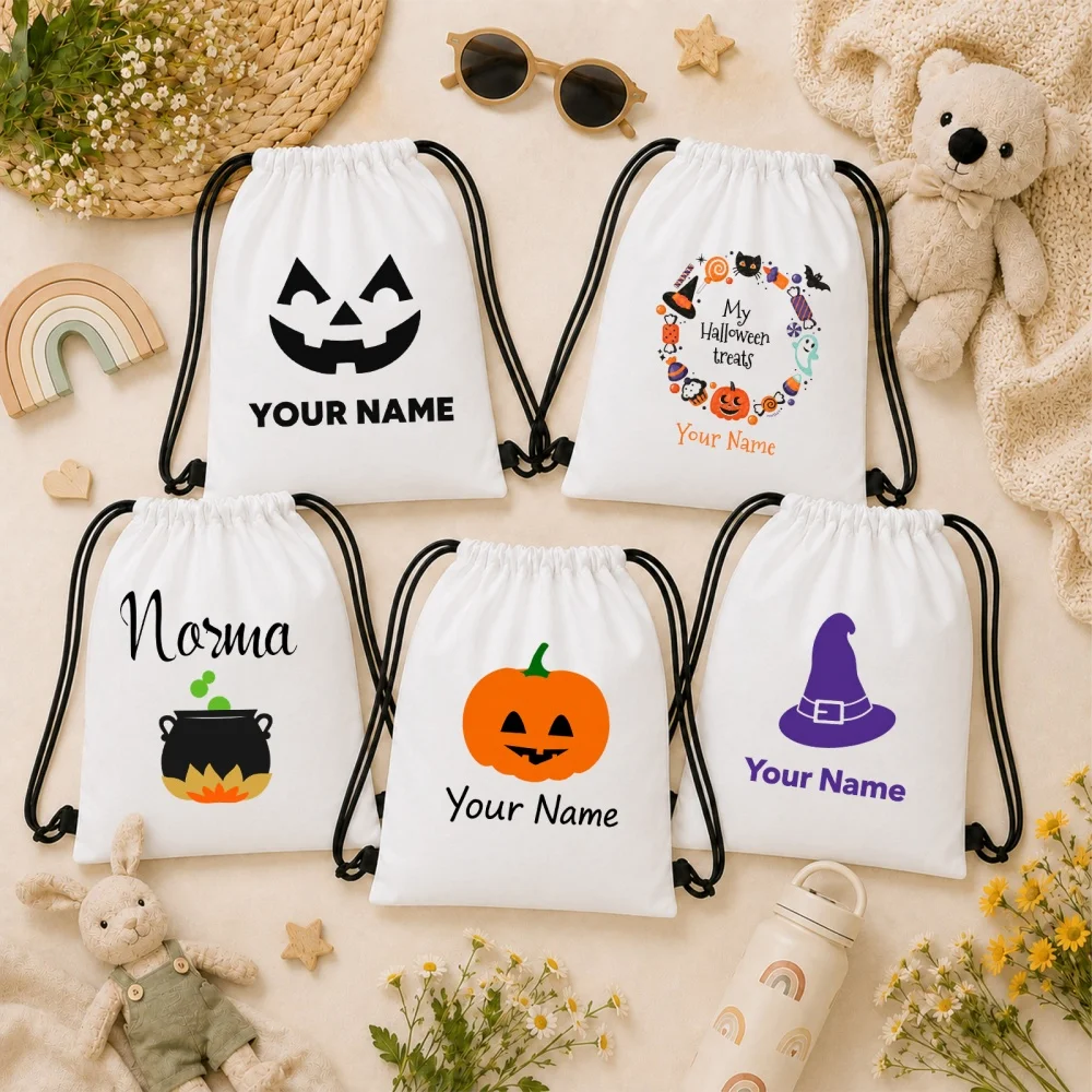 Custom Name Halloween Drawstring Backpacks 5 Pack Pumpkin Witch Hat Cauldron Pattern Polyester Kids Trick or Treat Candy Bags