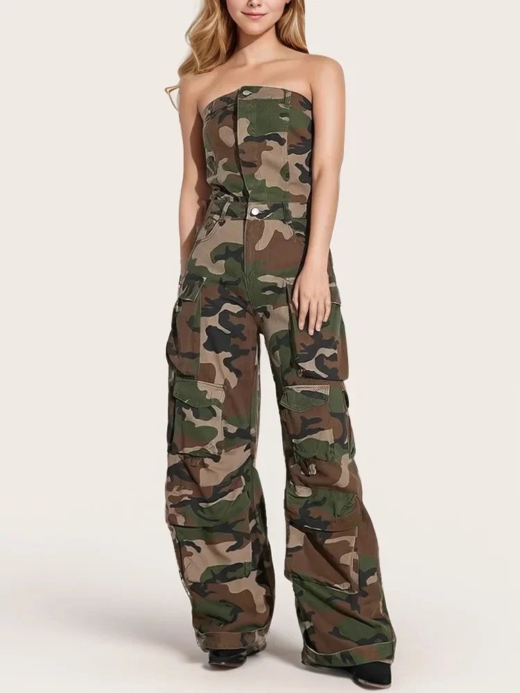 TWOTWINSTYLE Spliced Pockets Casual Camouflage Jumpsuits For Women Strapless Sleeveless High Waist Backless Chic Jumpsuit Female