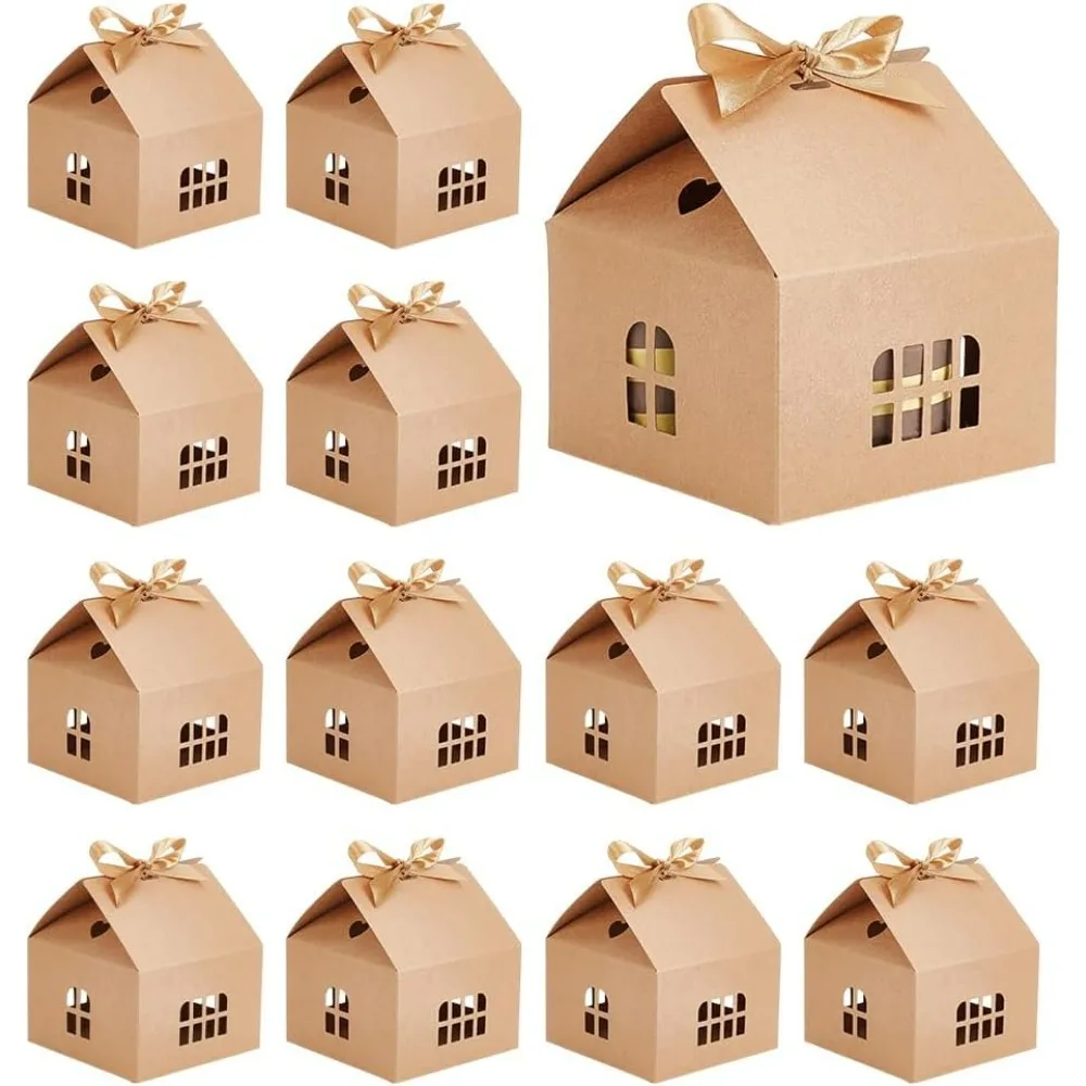 

House Shaped Gift Boxes 12 Sets Tan Kraft Paper Boxes with Ribbons Cookie Bakery Boxes Cardboard Treat for Christmas