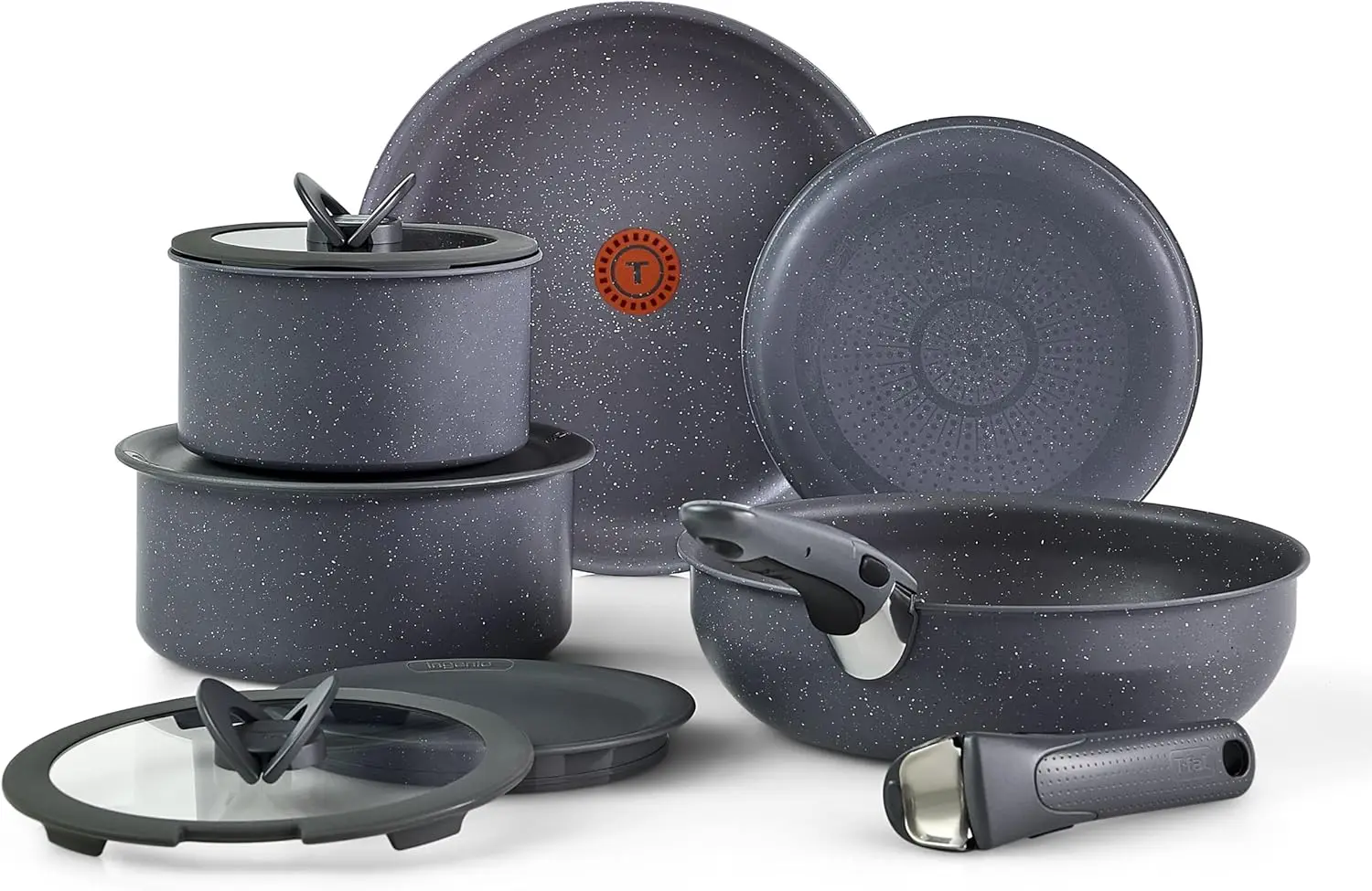 11-Piece Nonstick Cookware Set with Detachable Handles, Stackable, Oven Safe 500°F, Dishwasher Safe, Gray