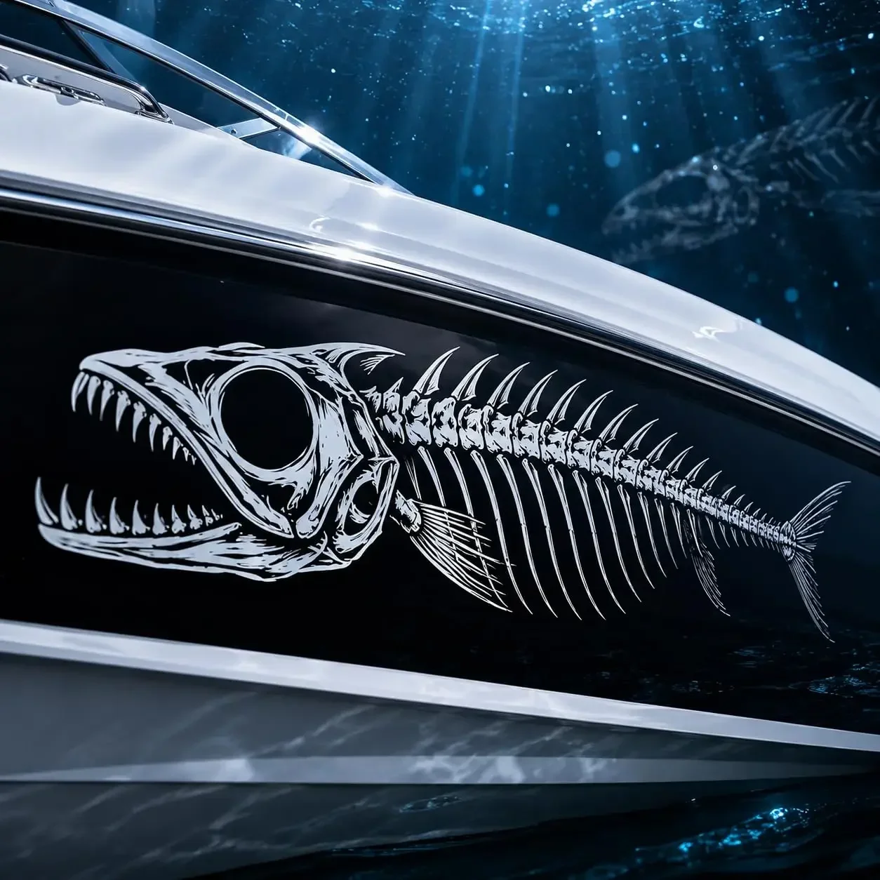 Fish Skeleton Boat Wrap Sticker Black & White 2-Piece Marine White Predatory Fish Skeleton Graphic Stickers,