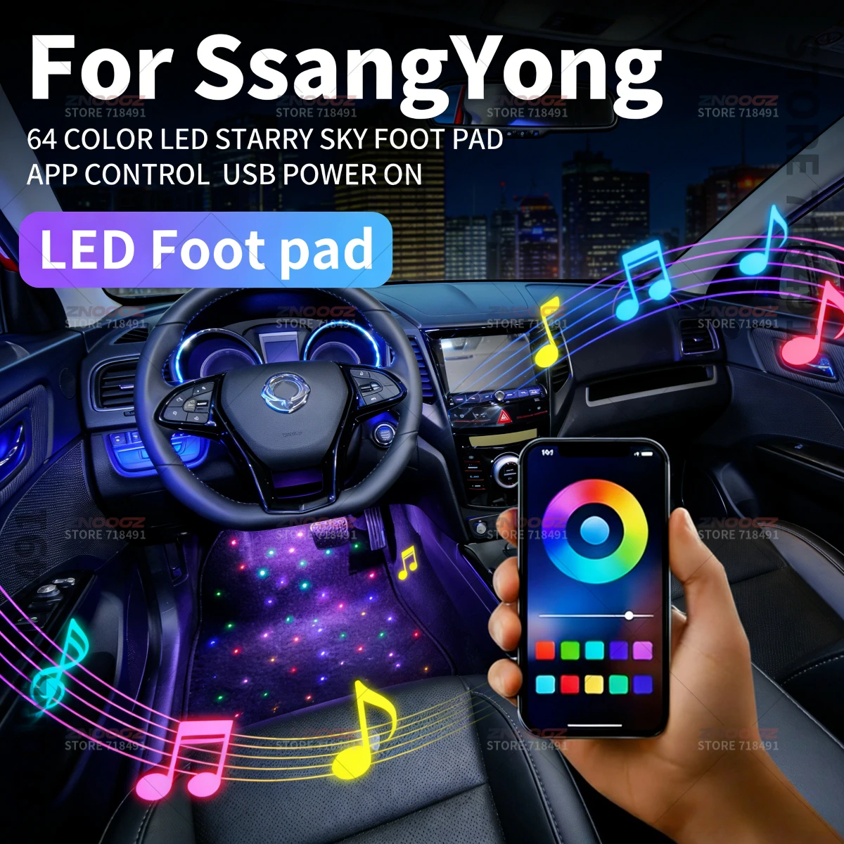 For SsangYong Korando Rexton Tivoli Rodius Actyon Kyron Musso RextonW USB Car LED Starry Sky Foot Mat DIY Can Be Cut