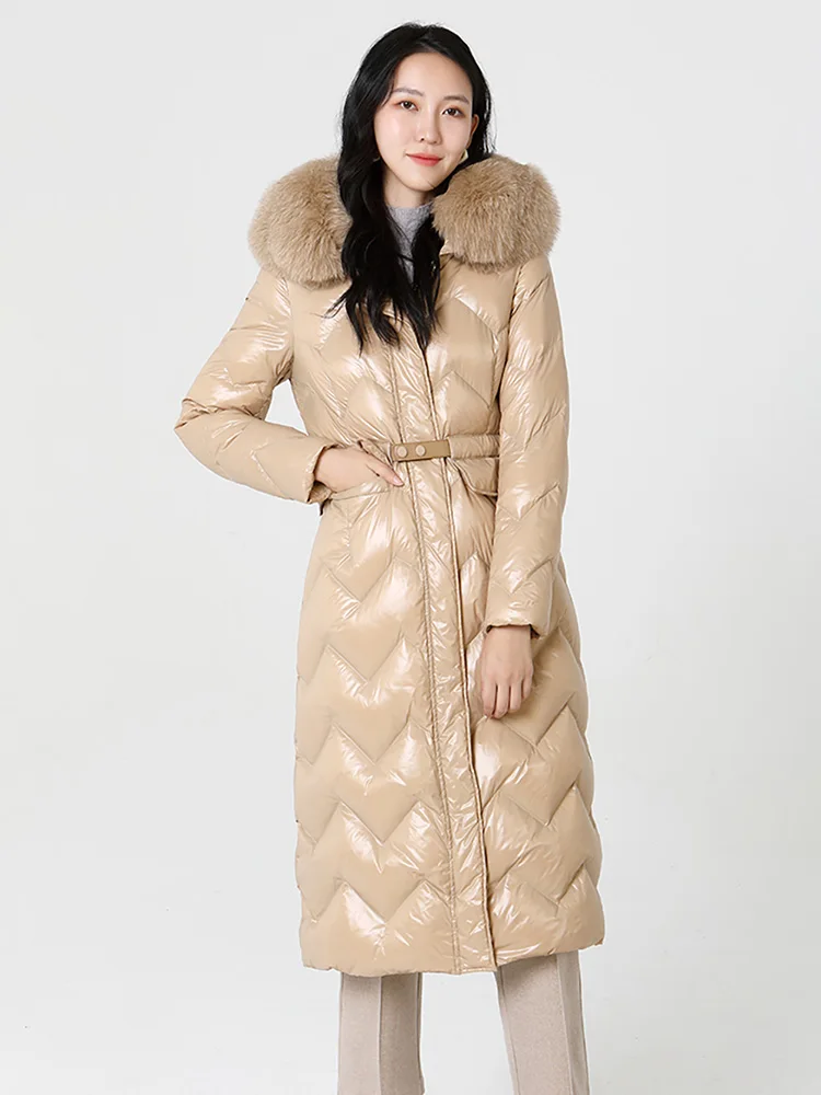 

Fashion Long Slim Down Jackets for Women 2022 Winter Luxury Natural Fur Collar Hooded Coats Elegant Ladies Thick Warm Outerwear