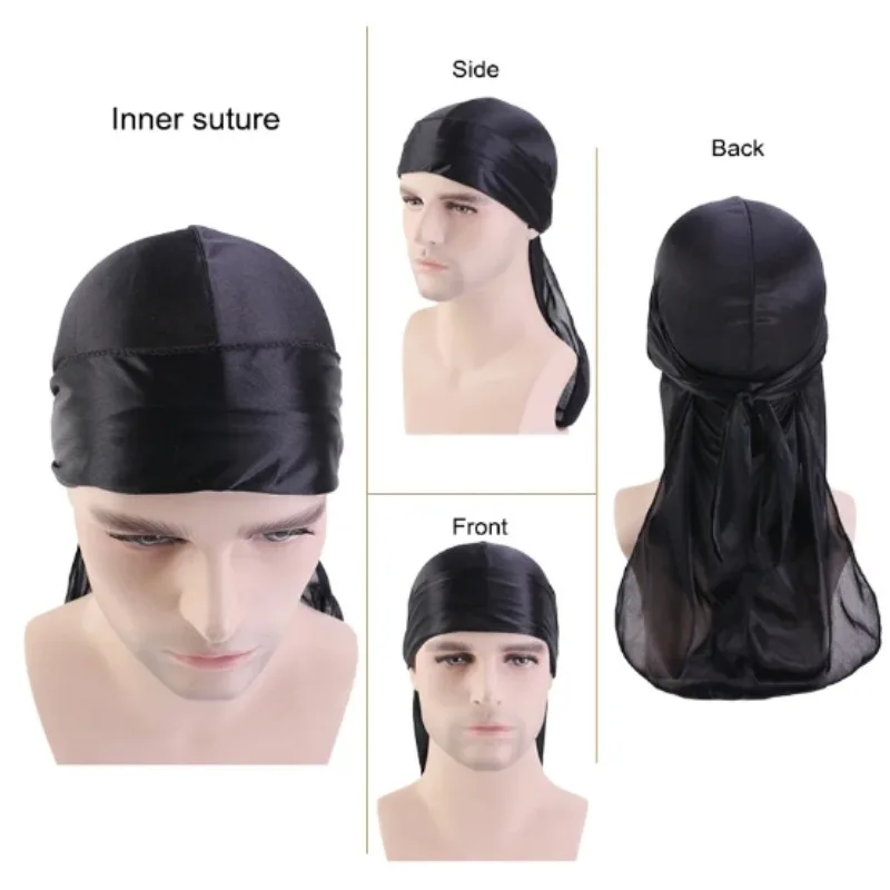 1 Pcs Satin Durag Turban Hat Wigs Durag Biker Headwrap Pirate Hat Cap for Men Hair Accessories Long Tail Straps Bandanas