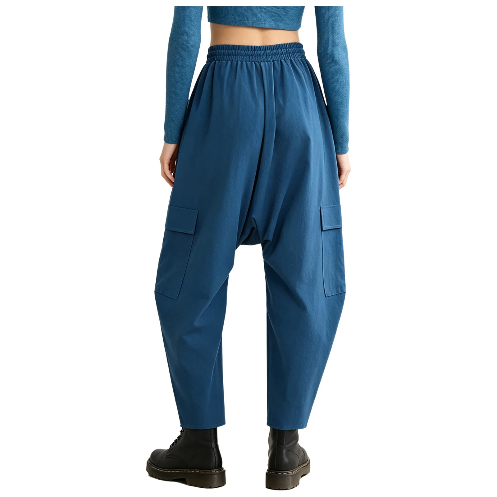 Women Multi-pocket Cargo Palazzo Harem Pants Drawstring Elastic Waistband Drop Crotch Baggy Pants Pirate Trousers for Party