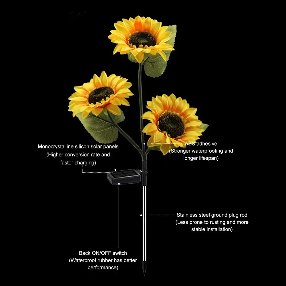 3 Heads LED Solar Simulation Sunflower Light Garden Yard Lawn Night Lights Landscape Lamp Home Decoration Christmas Flower Light