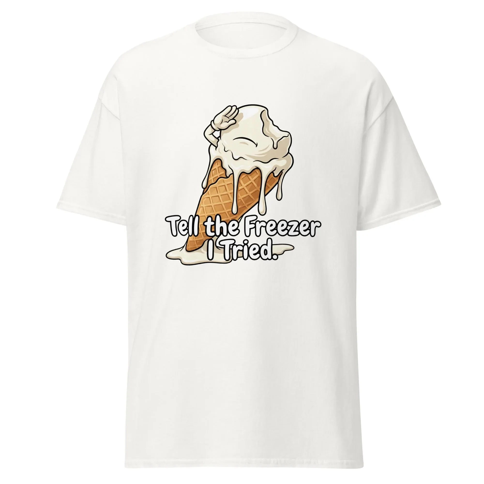 Funny Ice Cream T‑Shirt | “Tell The Freezer I Tried” Melting Waffle Cone Graphic Tee – Sarcastic Dessert Humour Casual Top